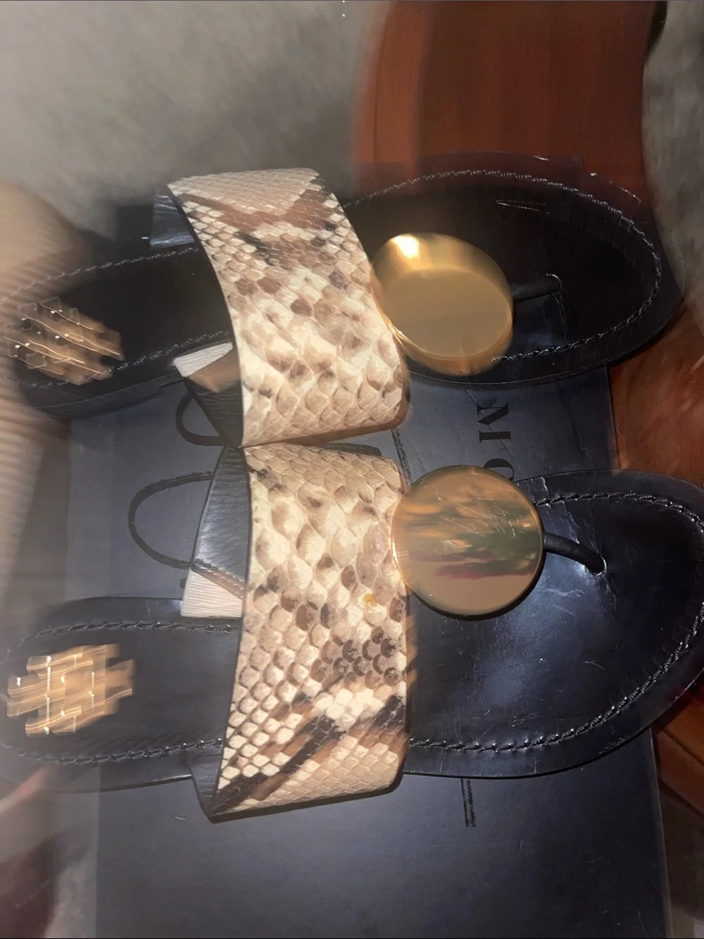 Tory Burch Black Slides with Snake-Print Strap and Gold Discs
